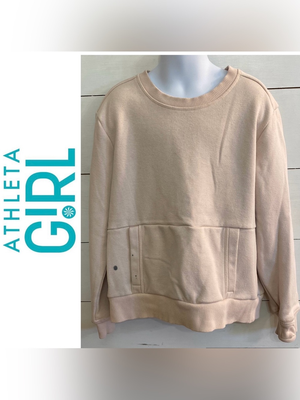Athleta Girl Sz M 8-10 Blush Pink Crew Neck Thumbhole Pocket Sweatshirt